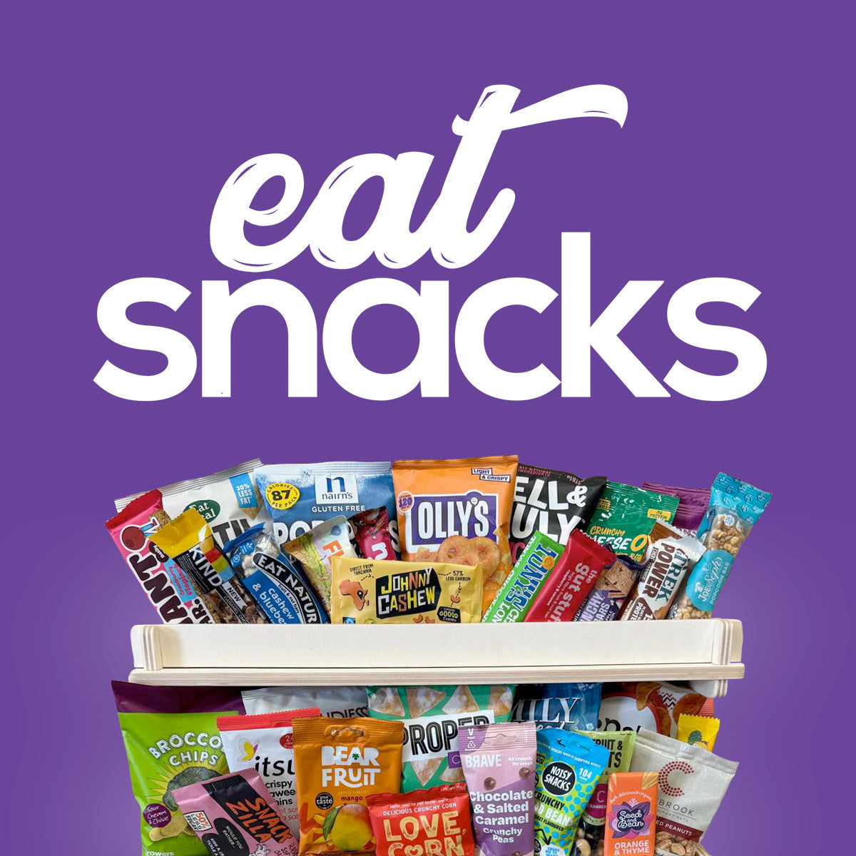 Eatsnacks Logo with Snacks on Shelf Purple Background